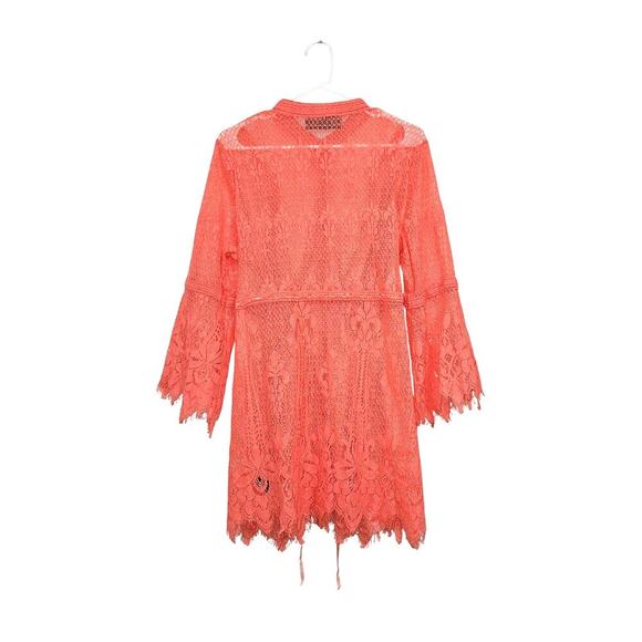 Coral Orange Lace Crochet Cover-up Kimono Tie Waist Button Front Long Sleeve XL - Picture 4 of 10